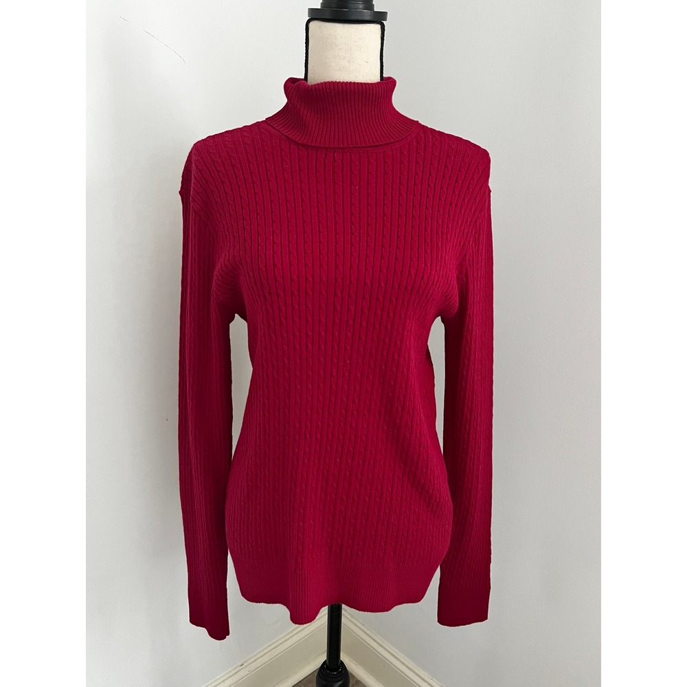 Red Cable Knit Cotton Turtleneck Sweater Large Preppy Chic Old Money Minimalist